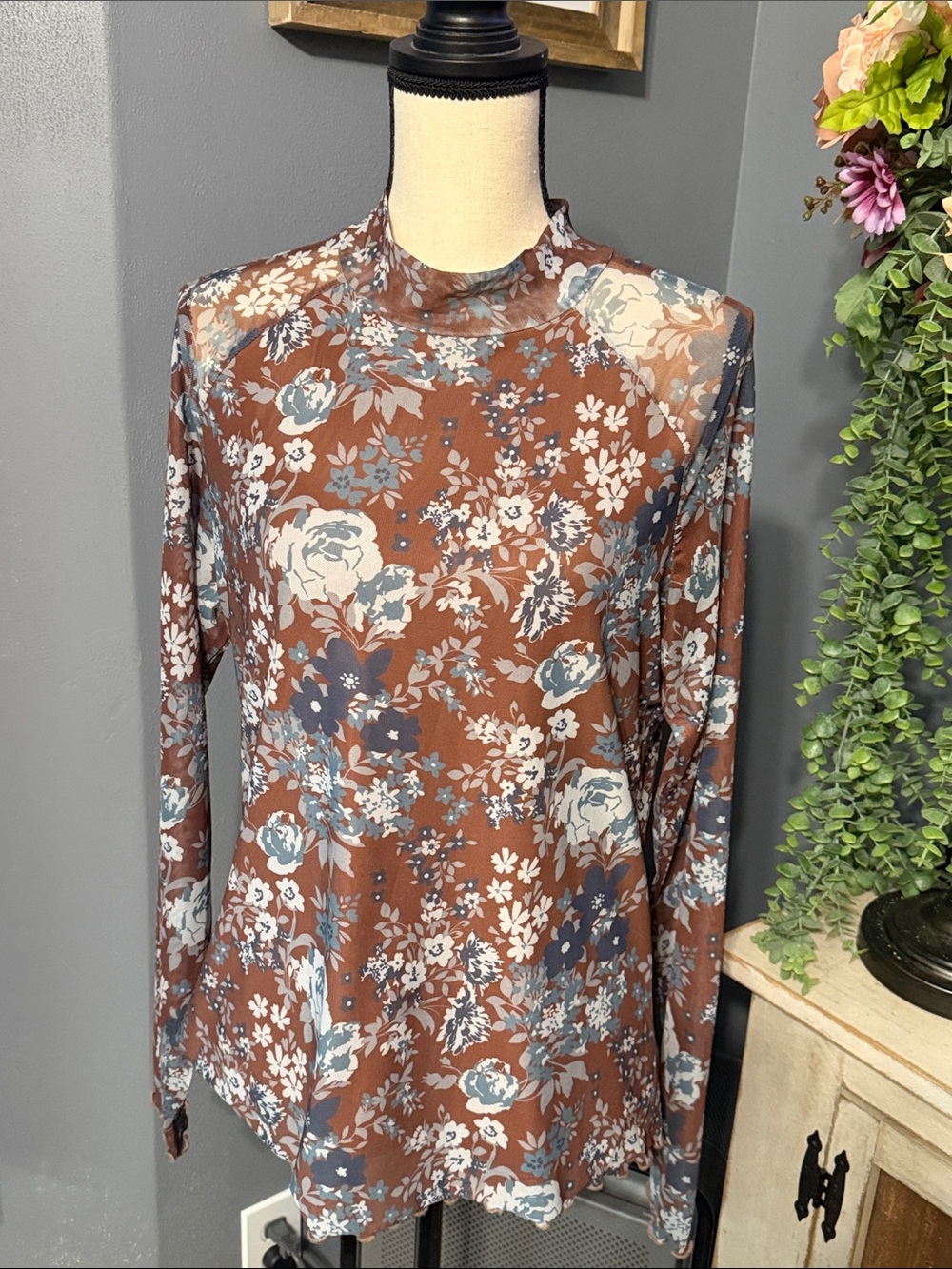 Women’s Floral Mock Neck Blouse in Rust and Blue